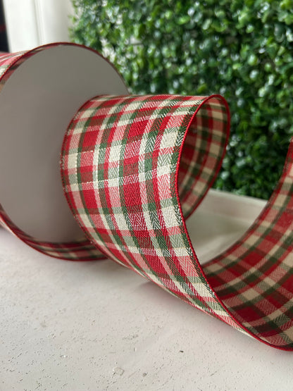 4 Inch By 50 Yard Red Green Ivory And Gold Woven Plaid With Metallic Ribbon