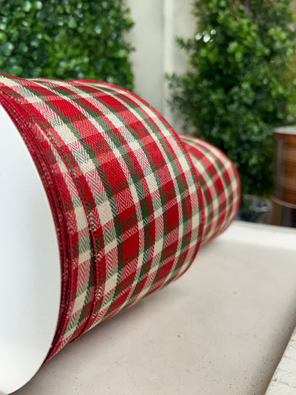 4 Inch By 50 Yard Red Green Ivory And Gold Woven Plaid With Metallic Ribbon