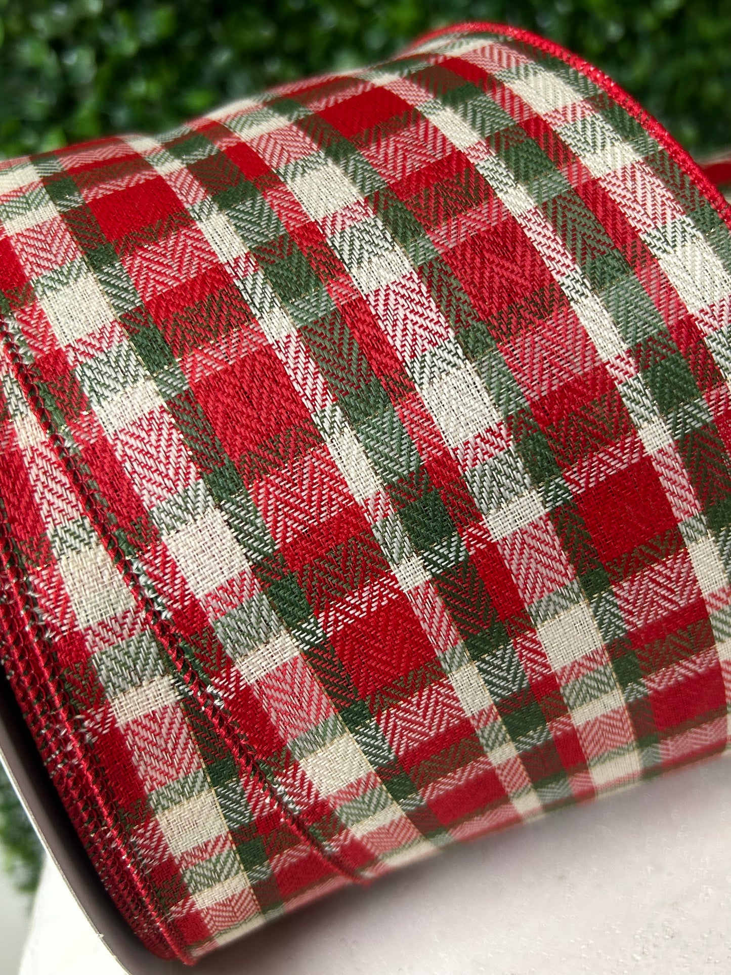 4 Inch By 50 Yard Red Green Ivory And Gold Woven Plaid With Metallic Ribbon