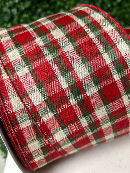 4 Inch By 50 Yard Red Green Ivory And Gold Woven Plaid With Metallic Ribbon
