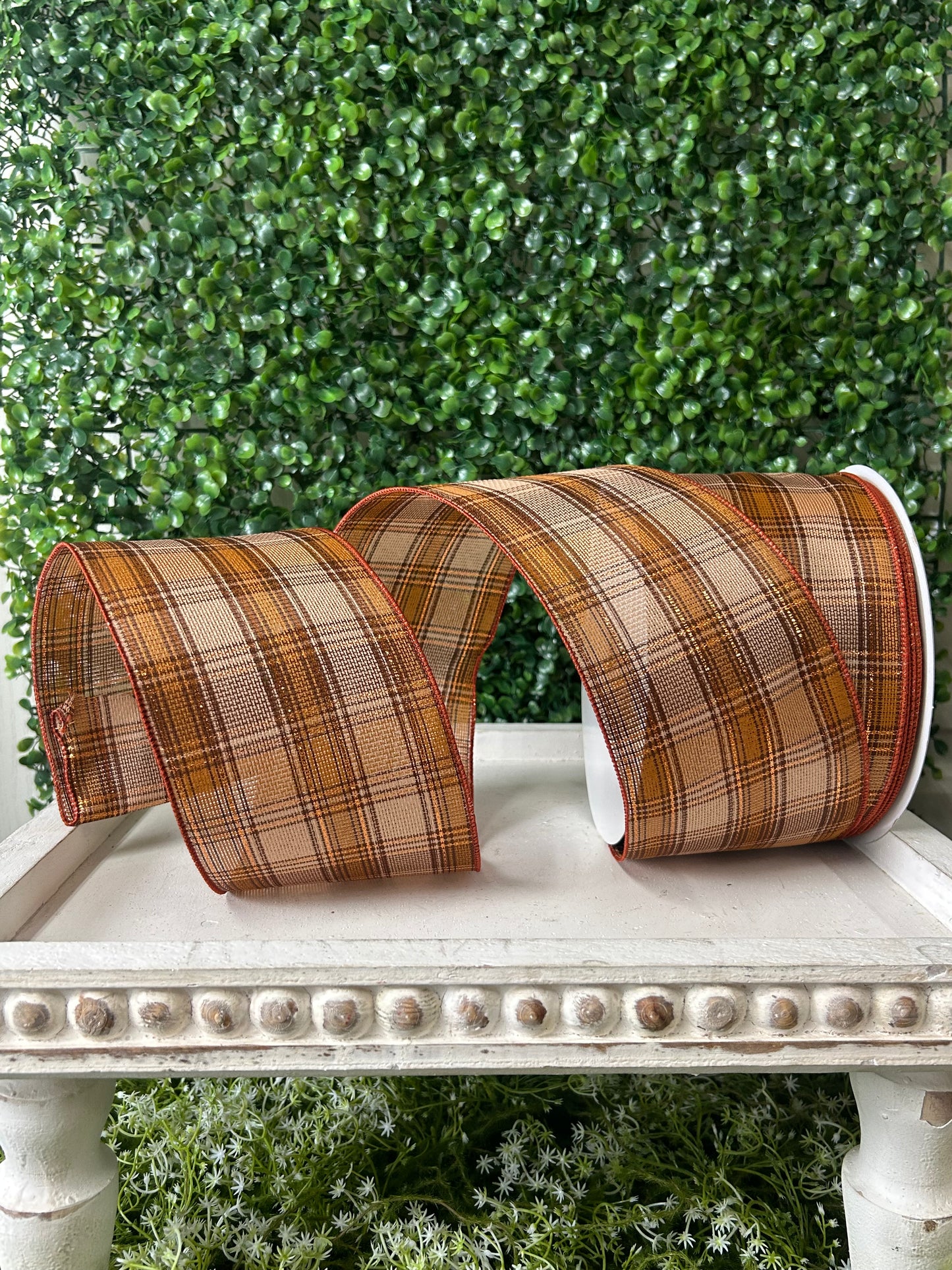 4 Inch By 50 Yard Beige Tan Brown And Gold Woven Plaid With Metallic Ribbon