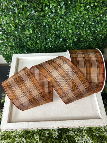 4 Inch By 50 Yard Beige Tan Brown And Gold Woven Plaid With Metallic Ribbon