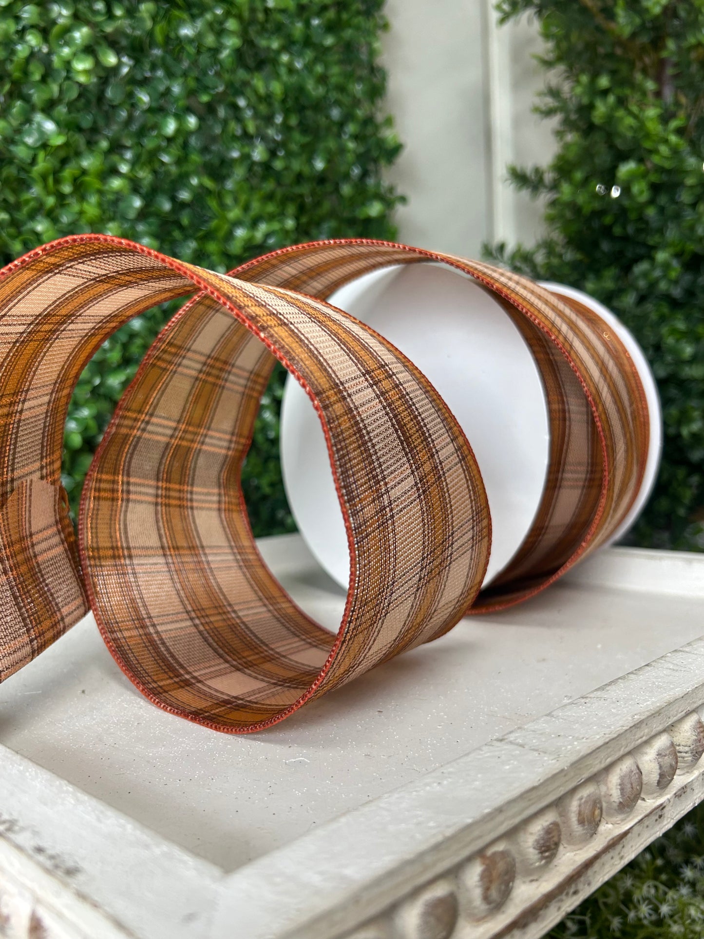 4 Inch By 50 Yard Beige Tan Brown And Gold Woven Plaid With Metallic Ribbon