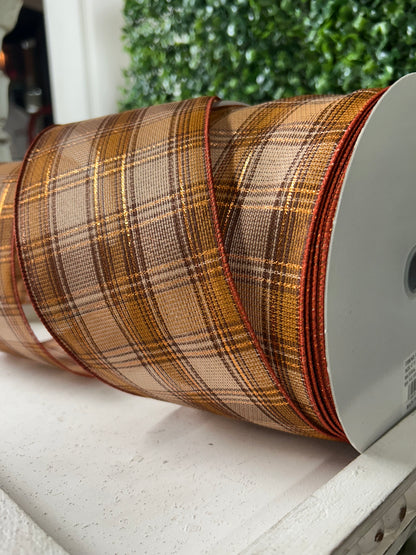 4 Inch By 50 Yard Beige Tan Brown And Gold Woven Plaid With Metallic Ribbon