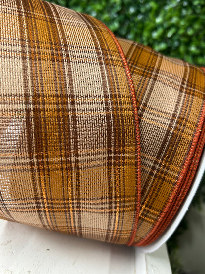 4 Inch By 50 Yard Beige Tan Brown And Gold Woven Plaid With Metallic Ribbon