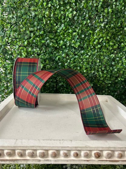 2.5 Inch By 50 Yard Red Emerald And Gold Woven Plaid Ribbon