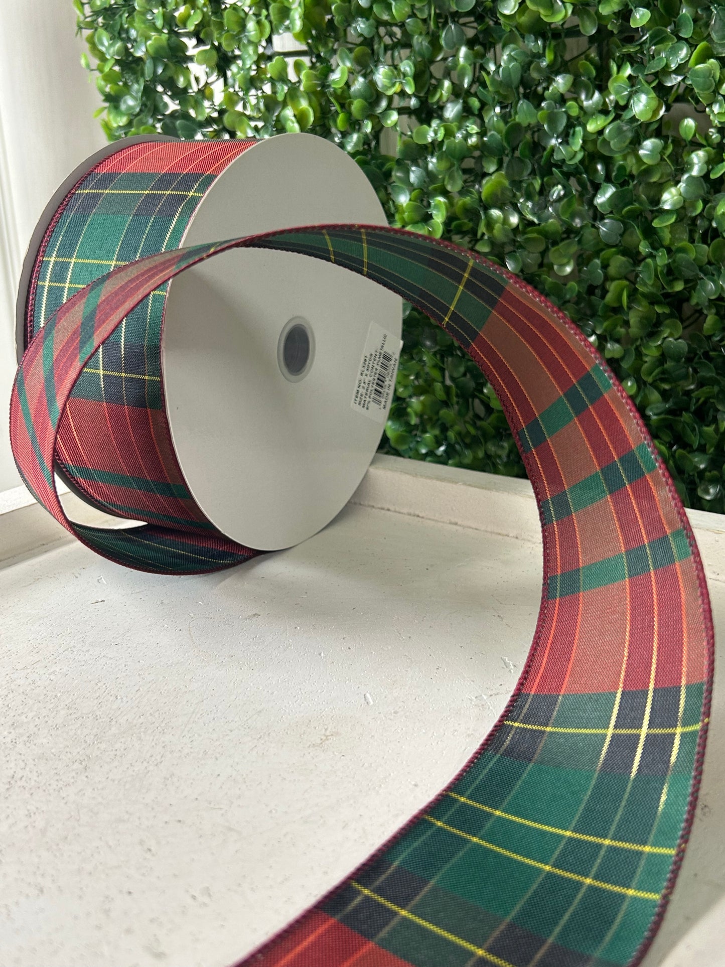 2.5 Inch By 50 Yard Red Emerald And Gold Woven Plaid Ribbon