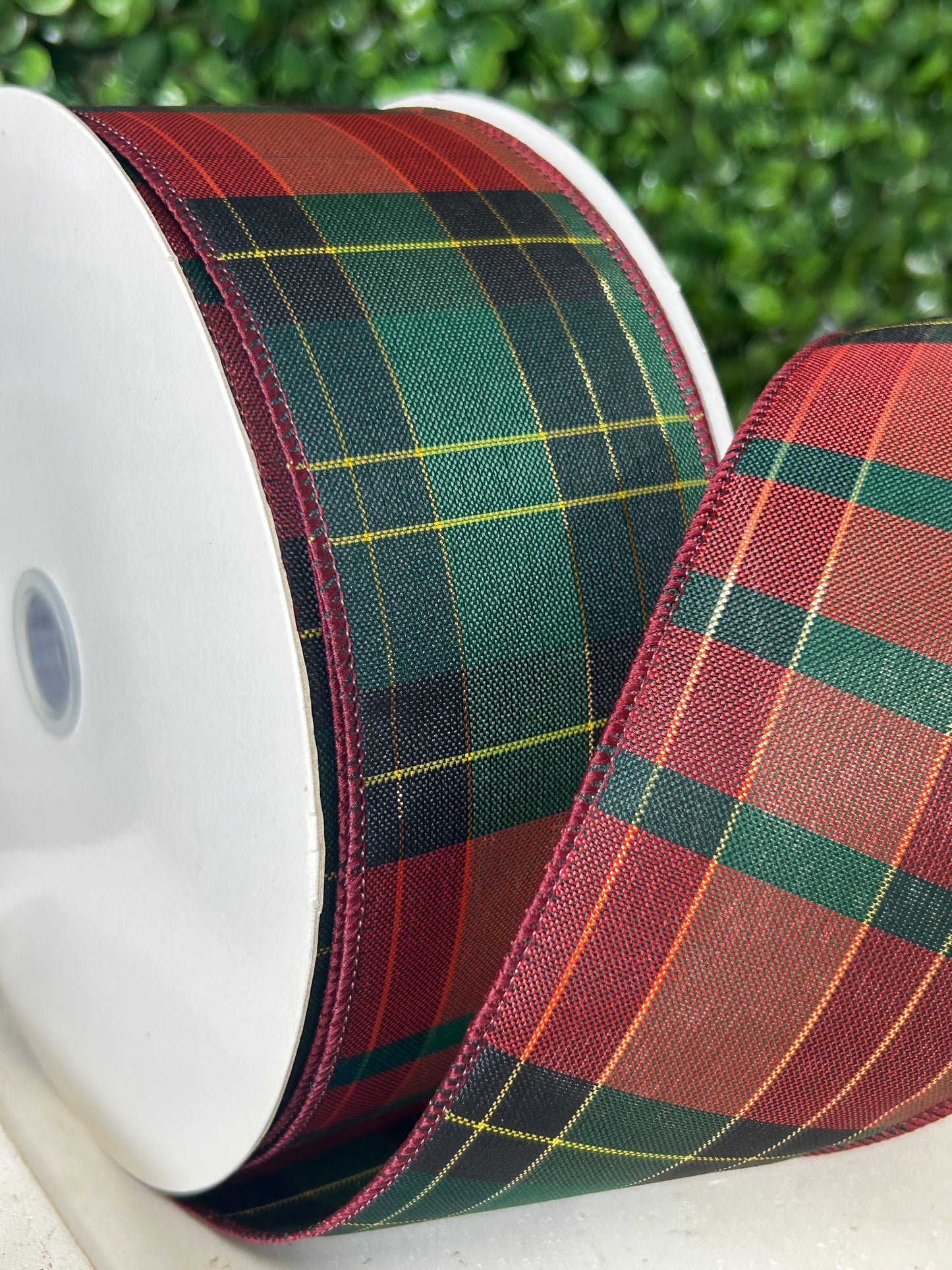 2.5 Inch By 50 Yard Red Emerald And Gold Woven Plaid Ribbon