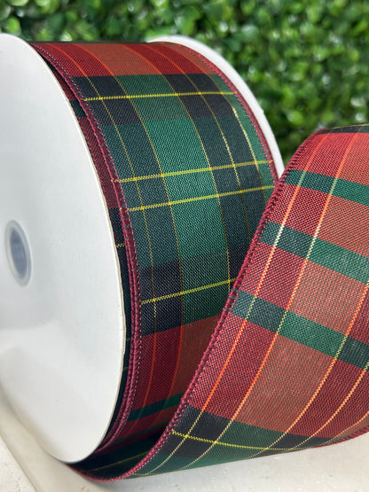 2.5 Inch By 50 Yard Red Emerald And Gold Woven Plaid Ribbon