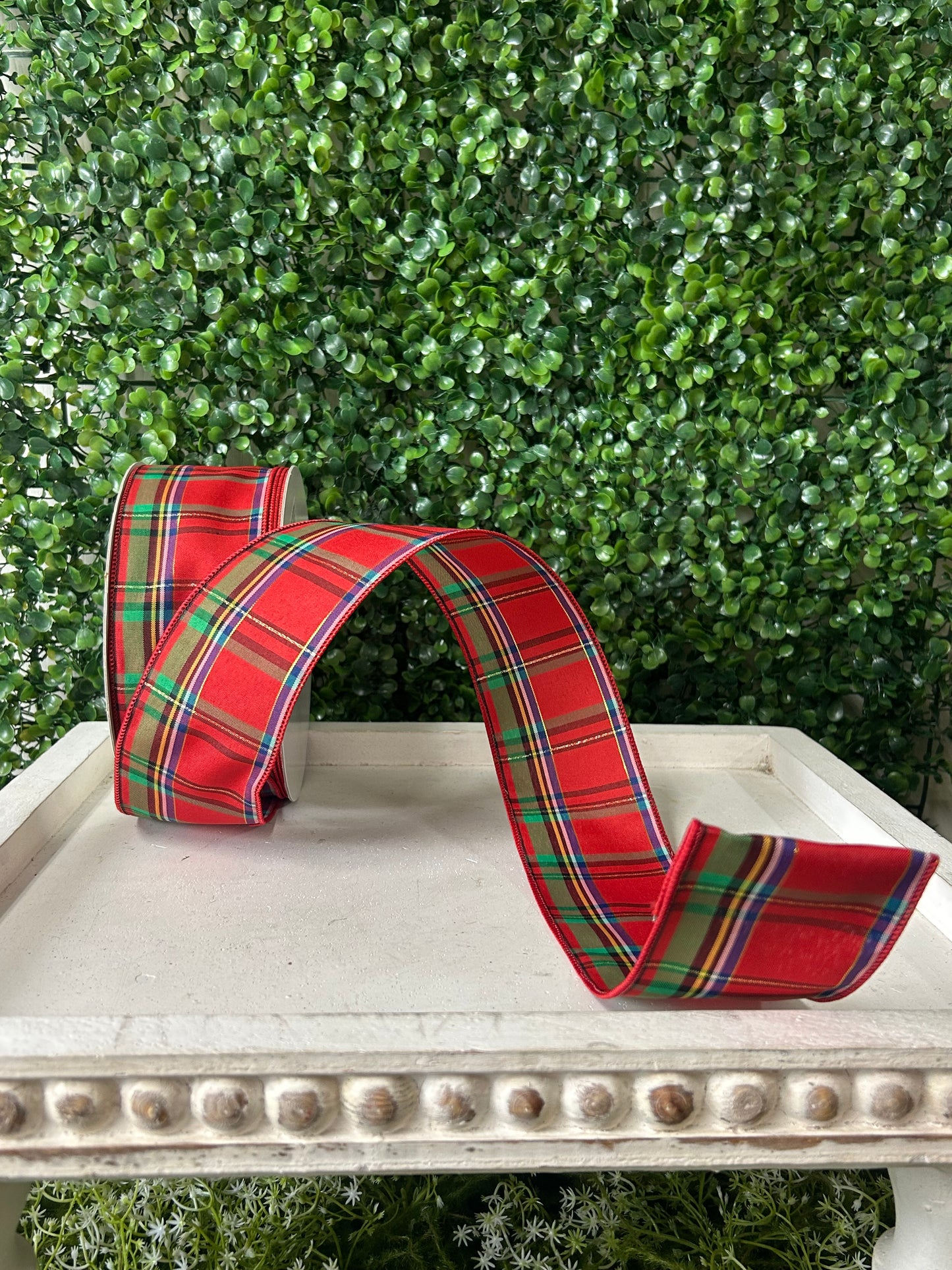 2.5 Inch By 50 Yard Red Green Yellow Blue And Black Woven Plaid Ribbon