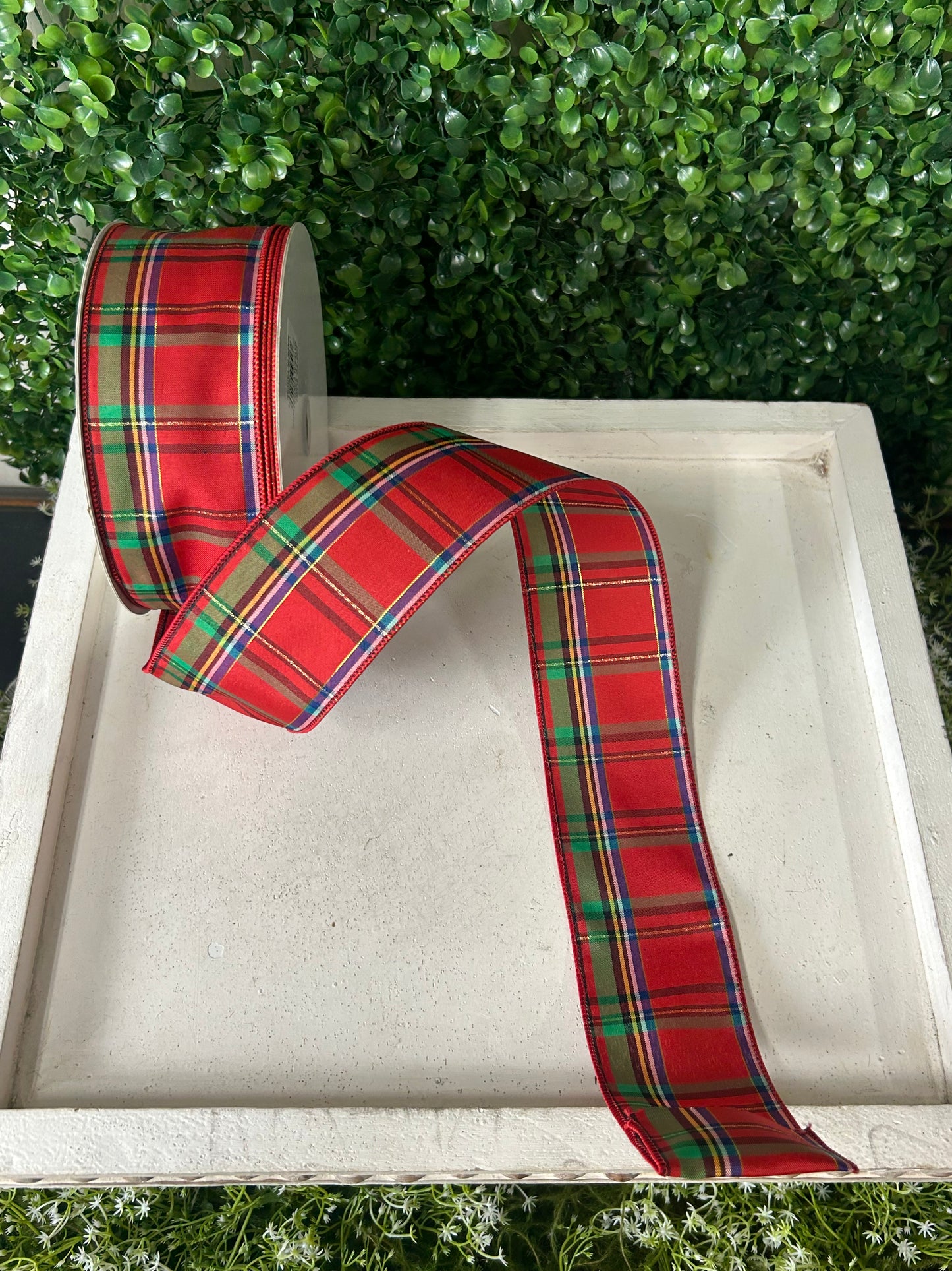 2.5 Inch By 50 Yard Red Green Yellow Blue And Black Woven Plaid Ribbon
