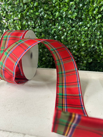 2.5 Inch By 50 Yard Red Green Yellow Blue And Black Woven Plaid Ribbon