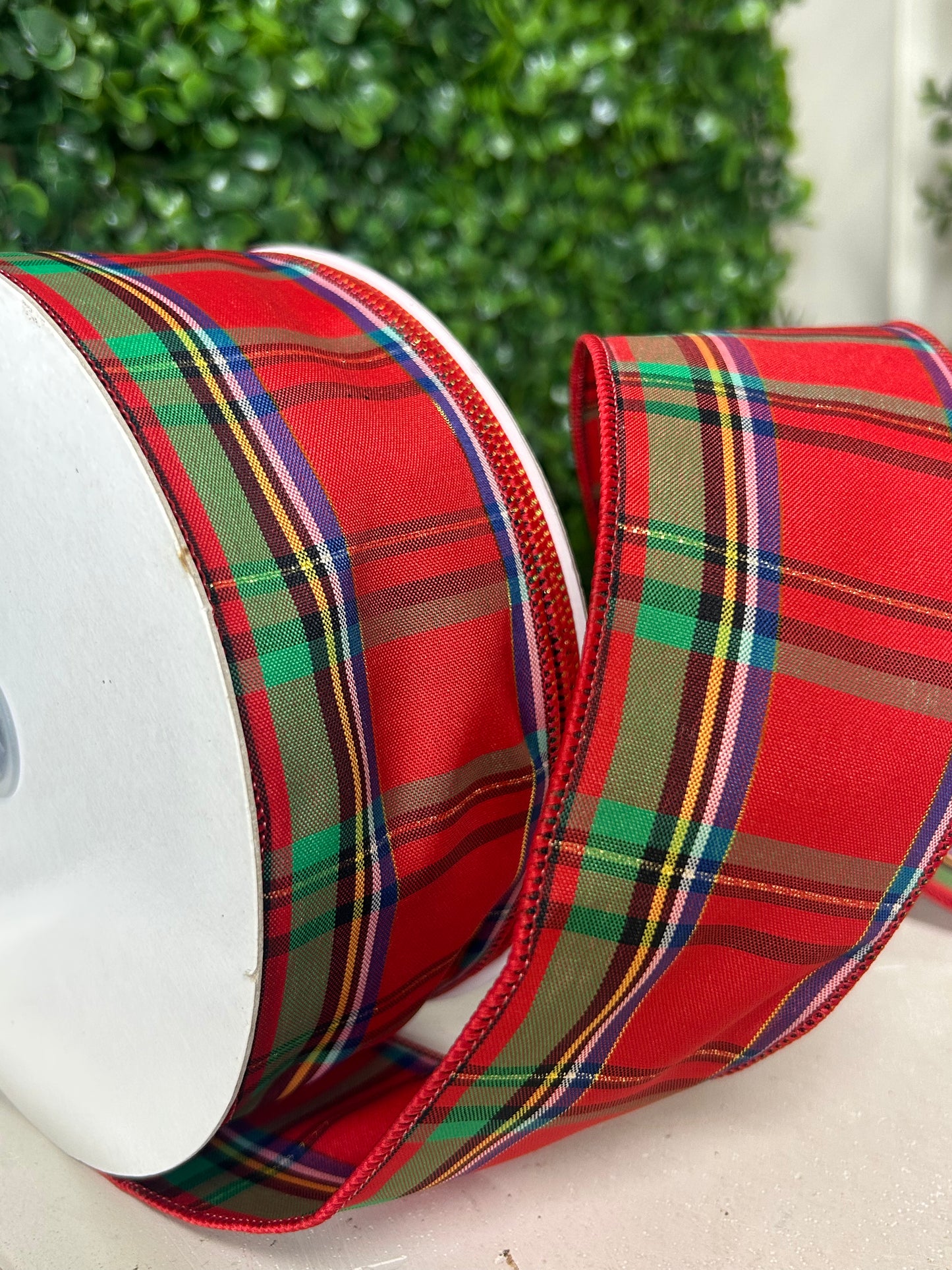 2.5 Inch By 50 Yard Red Green Yellow Blue And Black Woven Plaid Ribbon
