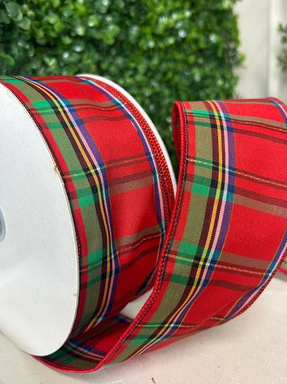 2.5 Inch By 50 Yard Red Green Yellow Blue And Black Woven Plaid Ribbon