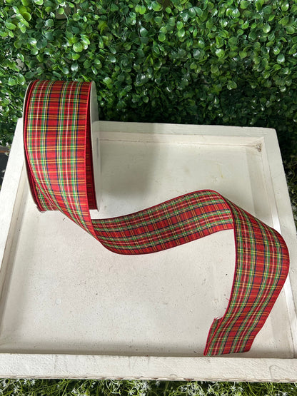 2.5 Inch By 50 Yard Red Green White And Black Woven Plaid Ribbon