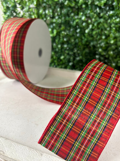2.5 Inch By 50 Yard Red Green White And Black Woven Plaid Ribbon
