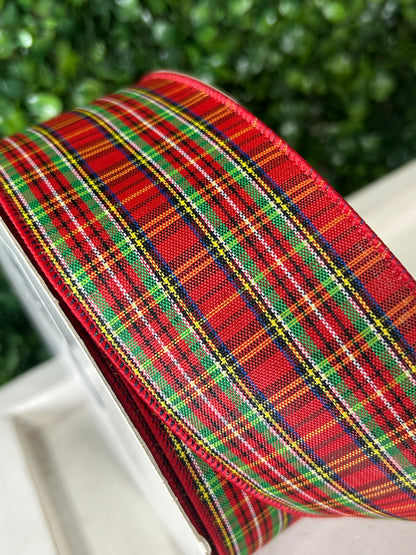 2.5 Inch By 50 Yard Red Green White And Black Woven Plaid Ribbon