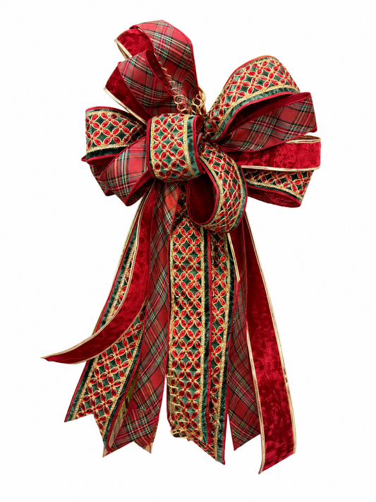 Sophie Red And Green Jeweled Velvet Premade Bow