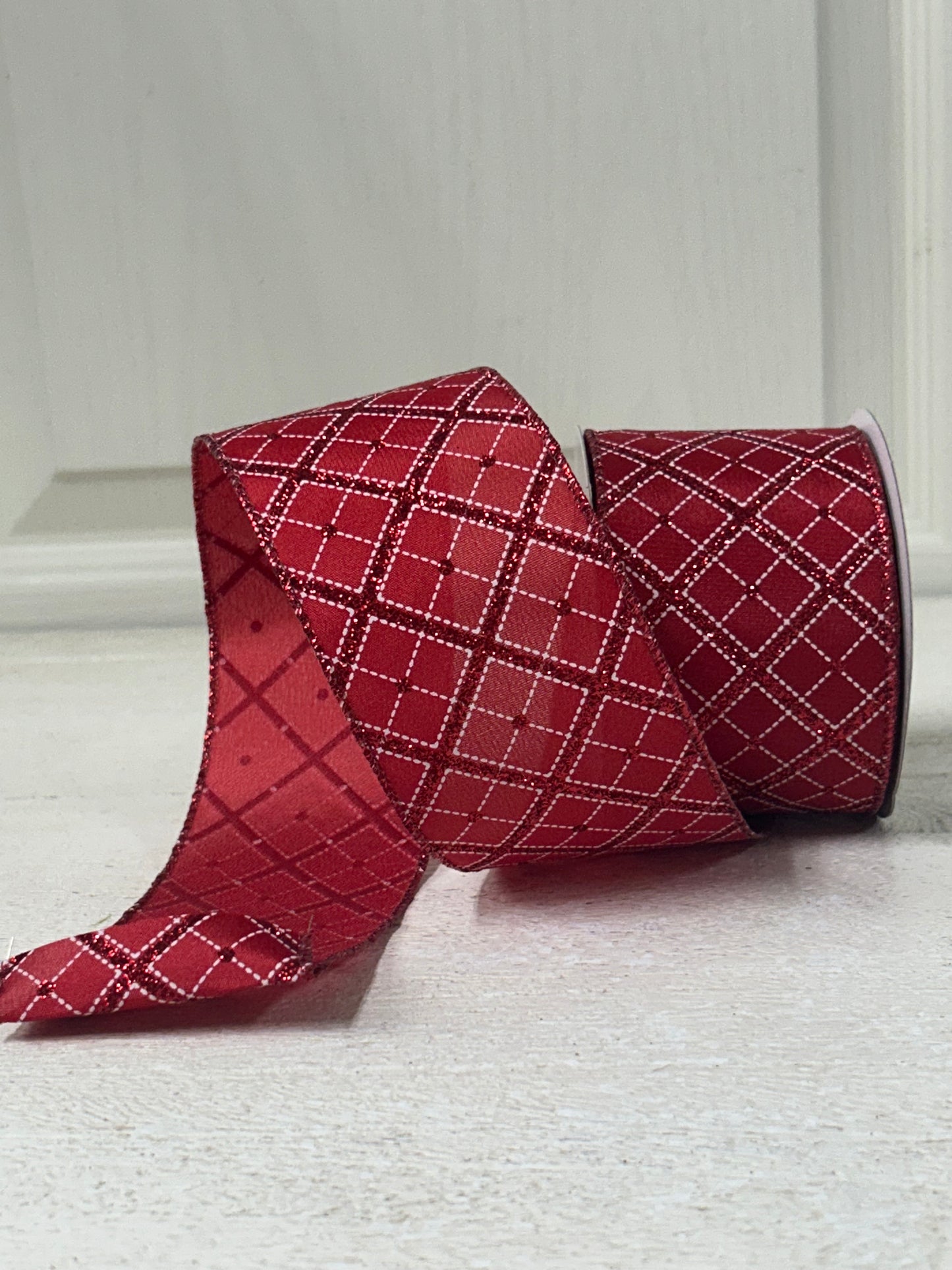 2.5 Inch By 10 Yard Red White Diagonal Plaid With Red Glitter Ribbon