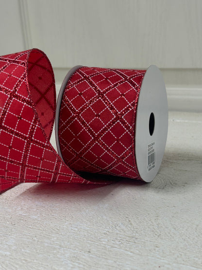 2.5 Inch By 10 Yard Red White Diagonal Plaid With Red Glitter Ribbon