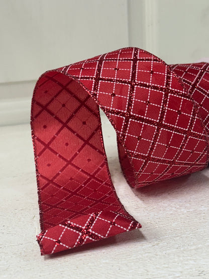 2.5 Inch By 10 Yard Red White Diagonal Plaid With Red Glitter Ribbon