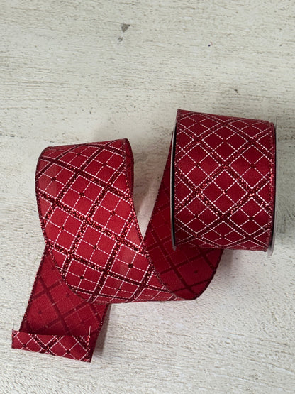 2.5 Inch By 10 Yard Red White Diagonal Plaid With Red Glitter Ribbon