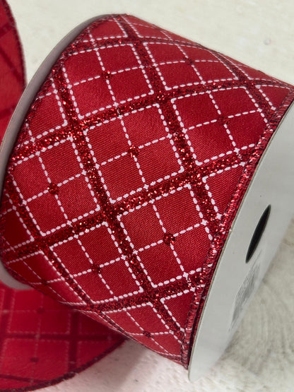 2.5 Inch By 10 Yard Red White Diagonal Plaid With Red Glitter Ribbon