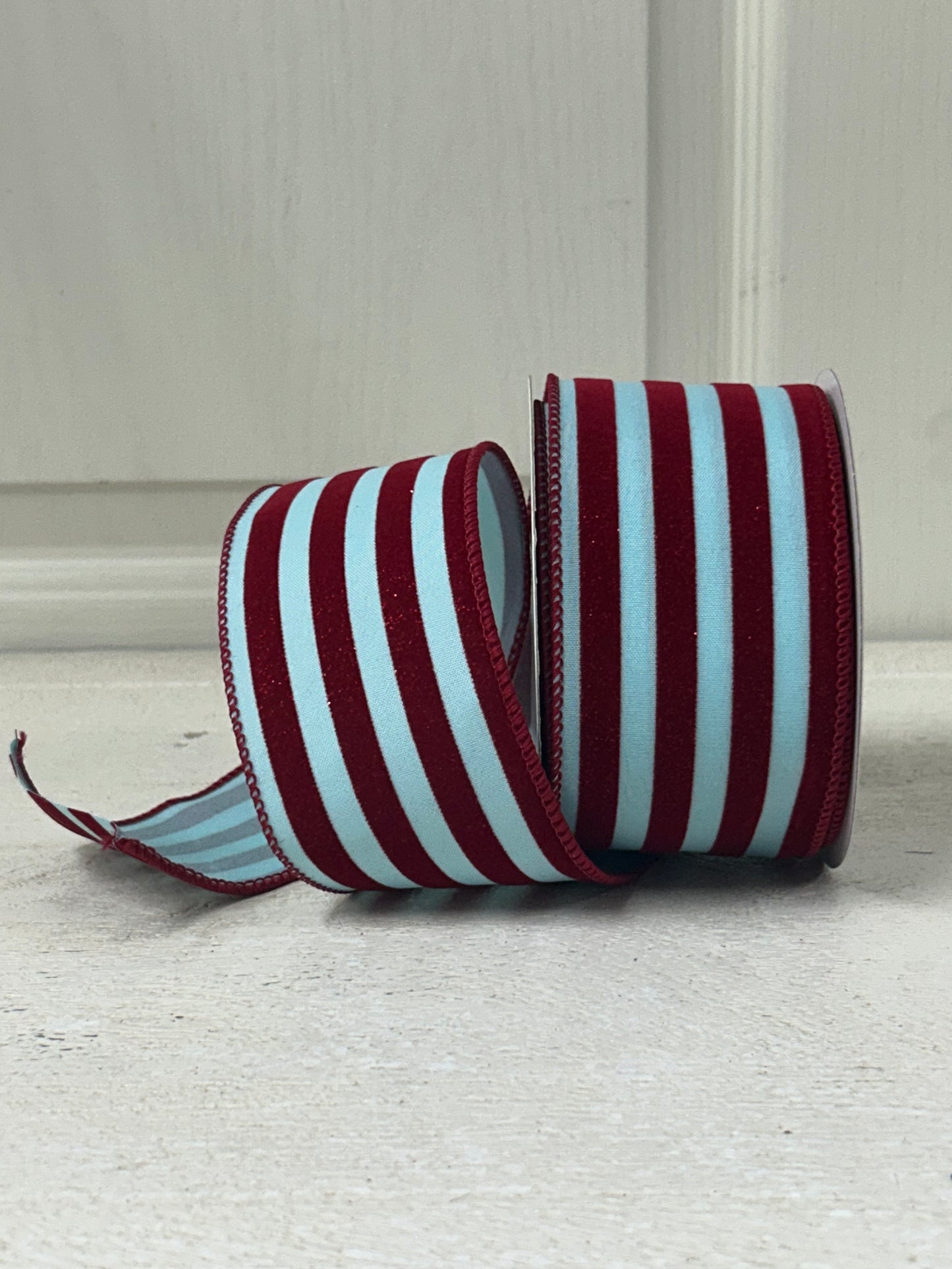 2.5 Inch By 10 Yard Blue And Red Flocked Glitter Striped Ribbon