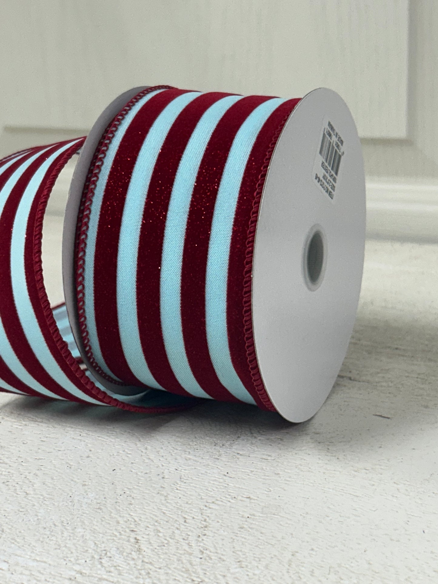 2.5 Inch By 10 Yard Blue And Red Flocked Glitter Striped Ribbon