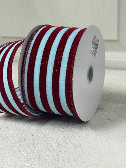 2.5 Inch By 10 Yard Blue And Red Flocked Glitter Striped Ribbon