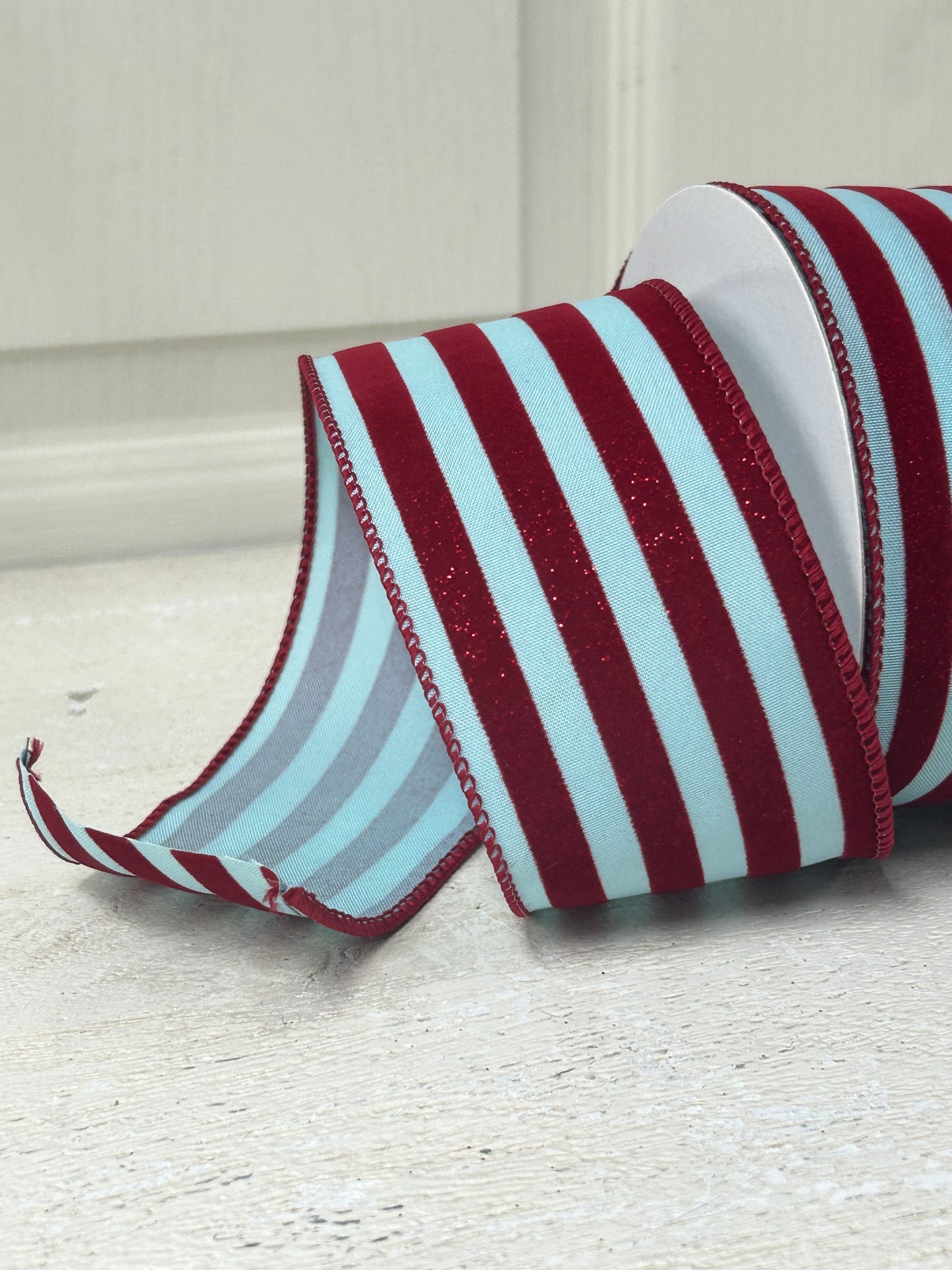 2.5 Inch By 10 Yard Blue And Red Flocked Glitter Striped Ribbon