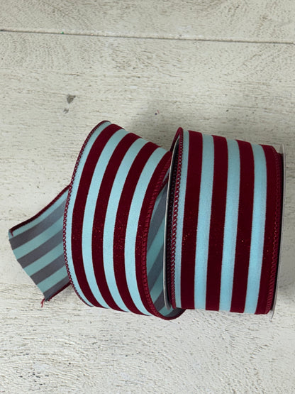 2.5 Inch By 10 Yard Blue And Red Flocked Glitter Striped Ribbon