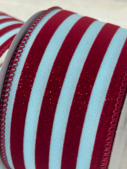 2.5 Inch By 10 Yard Blue And Red Flocked Glitter Striped Ribbon