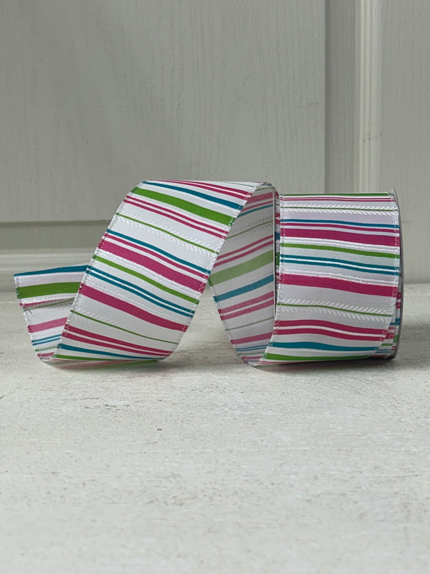 2.5 Inch By 10 Yard Pink Green Teal and White Stripe Ribbon