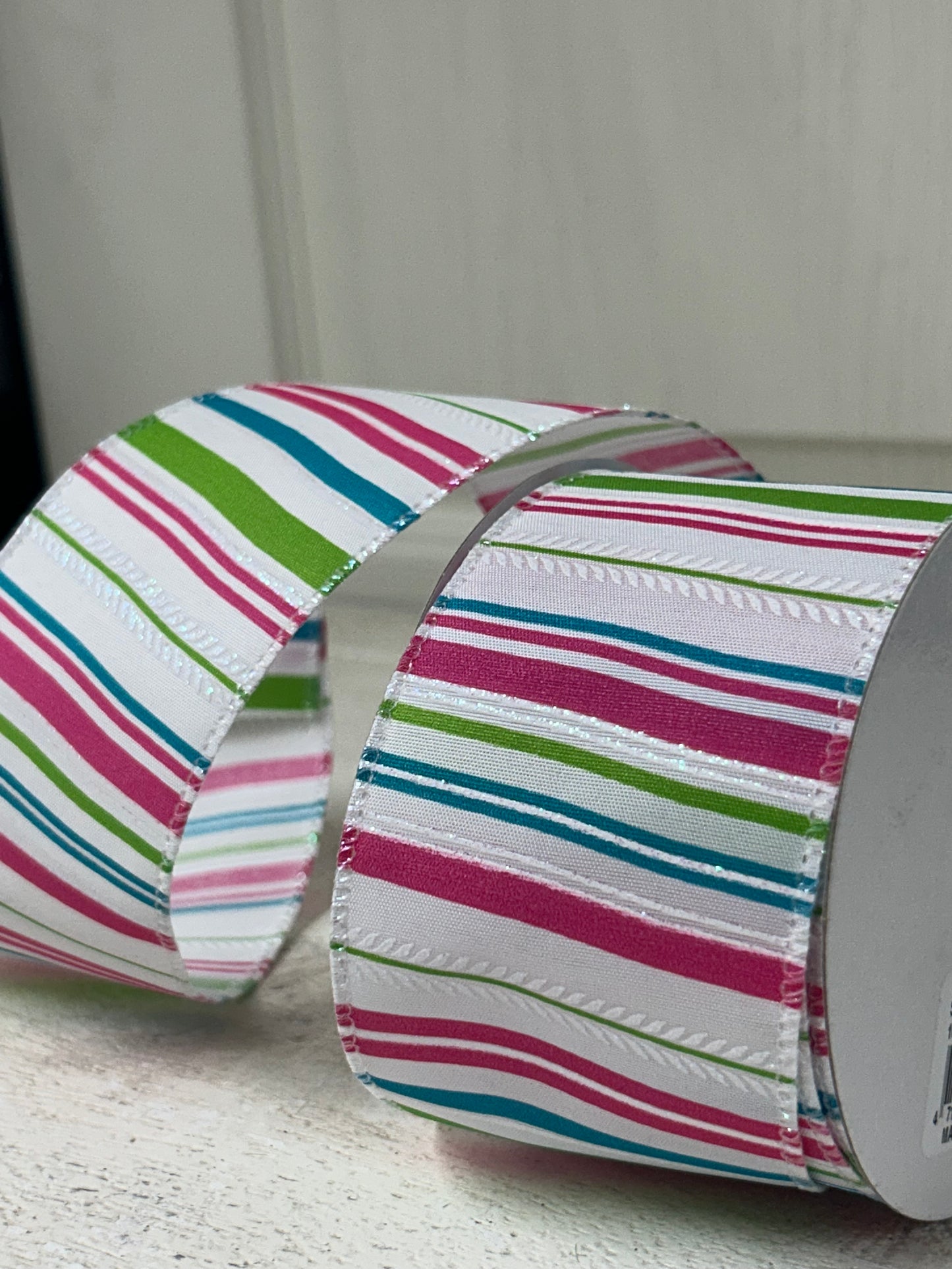 2.5 Inch By 10 Yard Pink Green Teal and White Stripe Ribbon