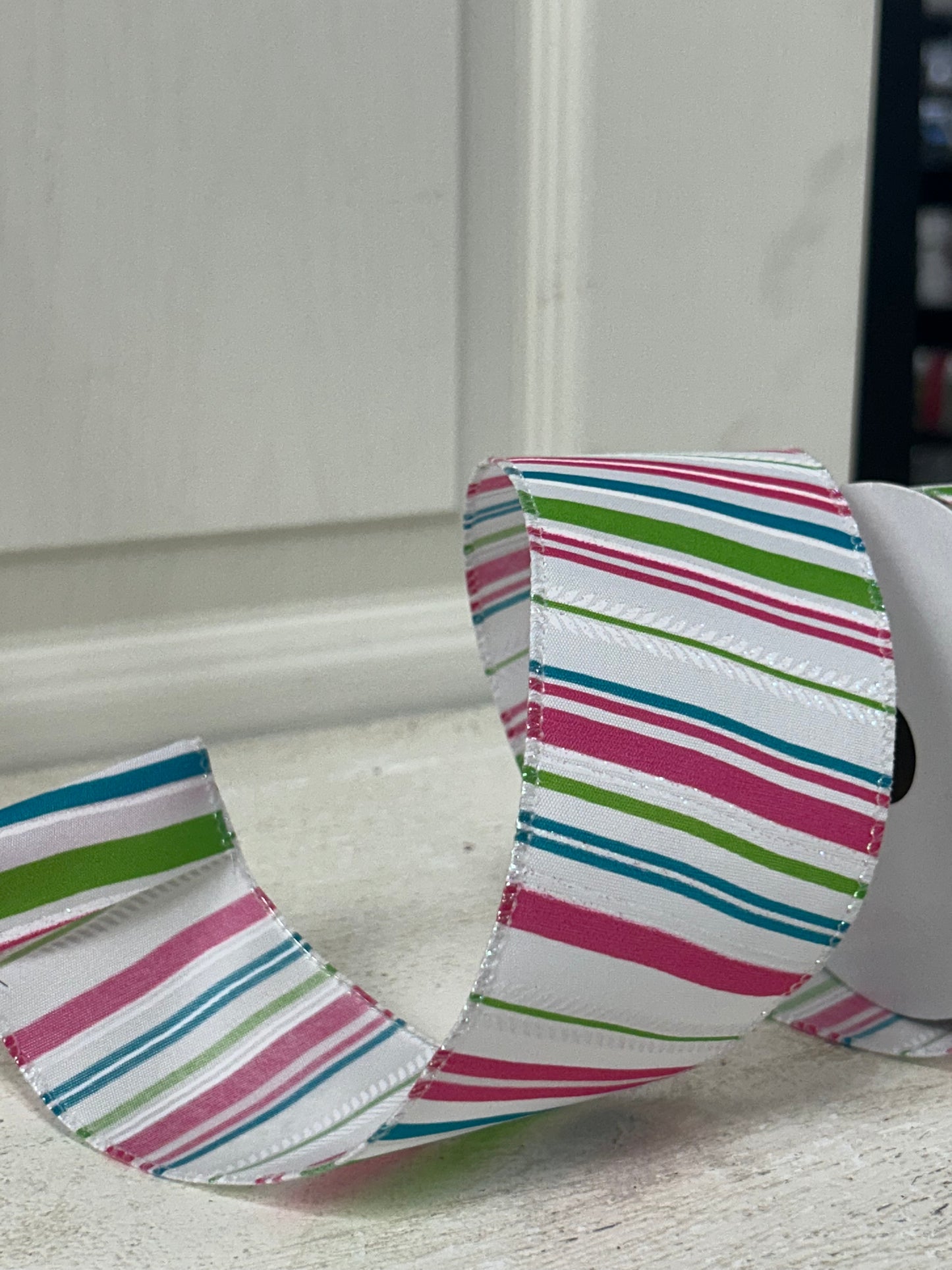 2.5 Inch By 10 Yard Pink Green Teal and White Stripe Ribbon