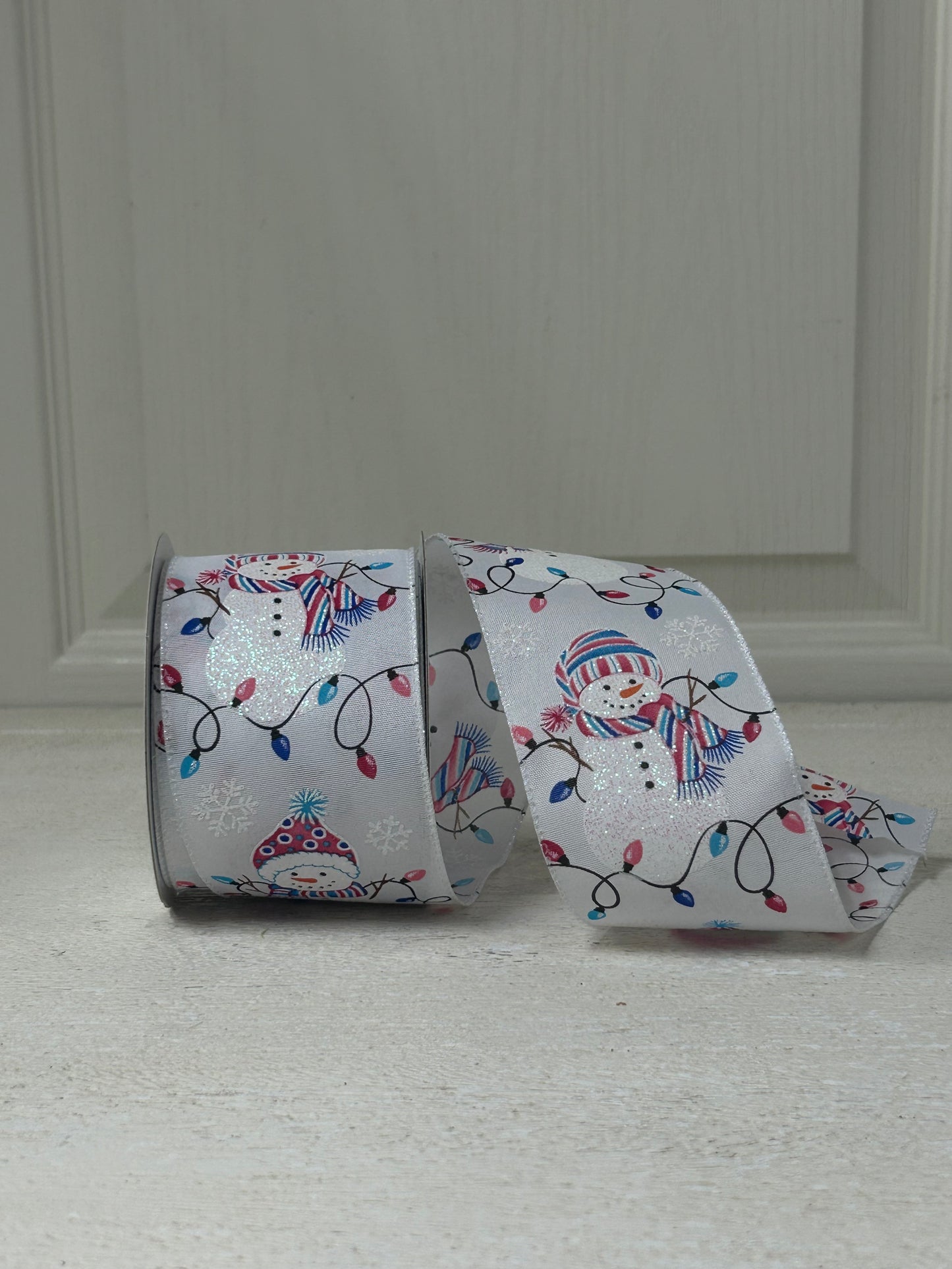 2.5 Inch By 10 Yard White Background With Glitter Snowman And Pastel Pink And Blue Christmas Lights