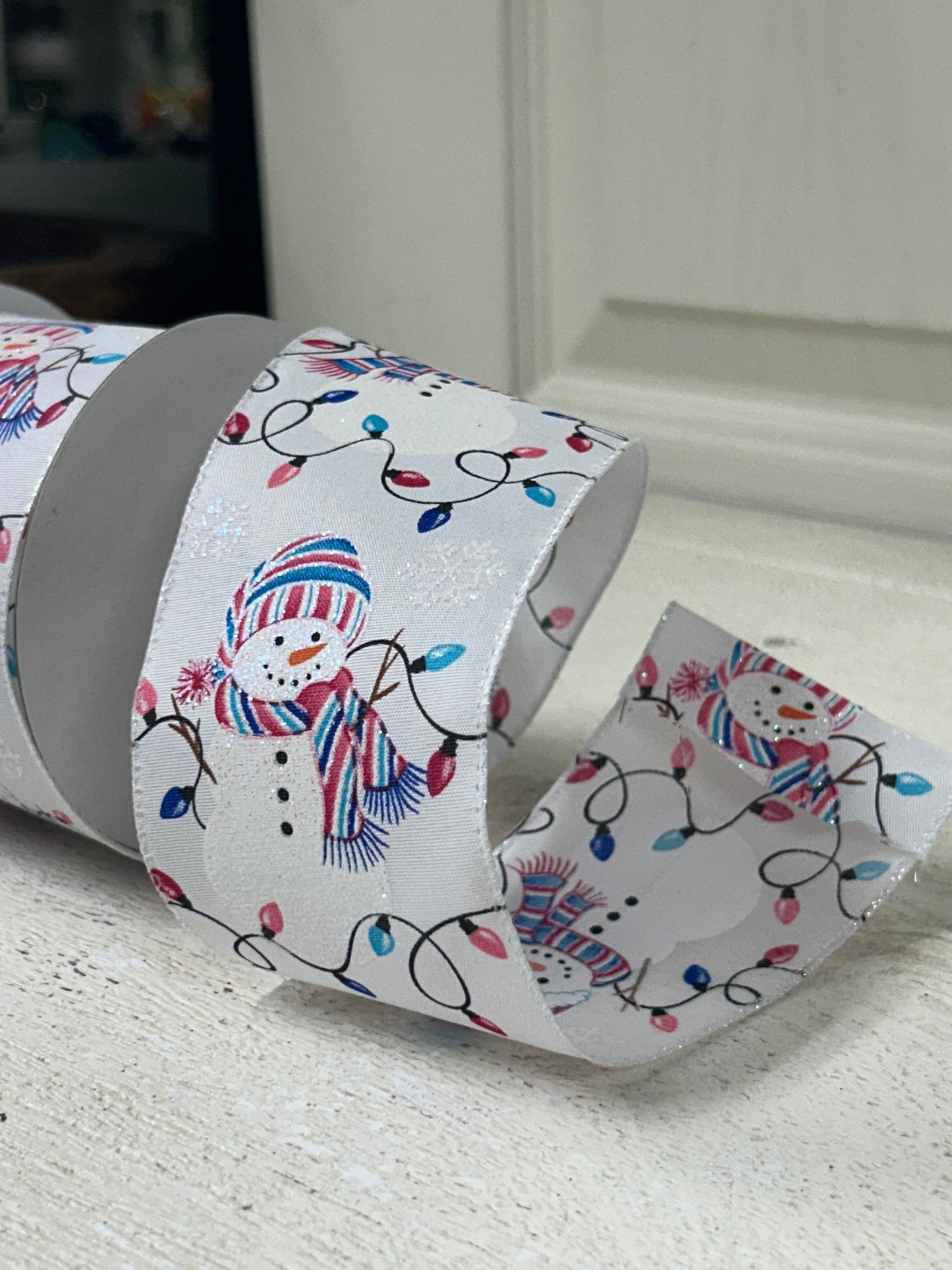 2.5 Inch By 10 Yard White Background With Glitter Snowman And Pastel Pink And Blue Christmas Lights