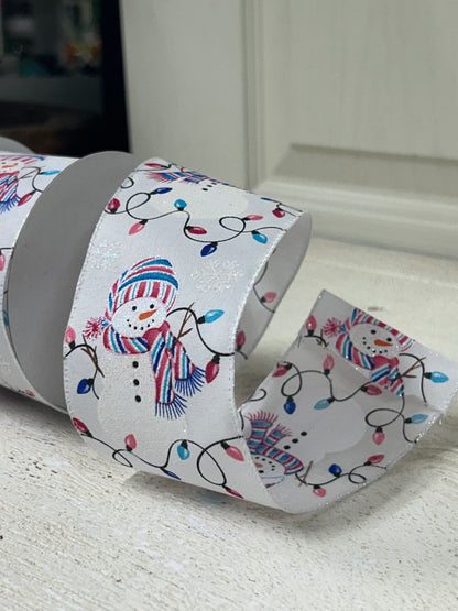 2.5 Inch By 10 Yard White Background With Glitter Snowman And Pastel Pink And Blue Christmas Lights