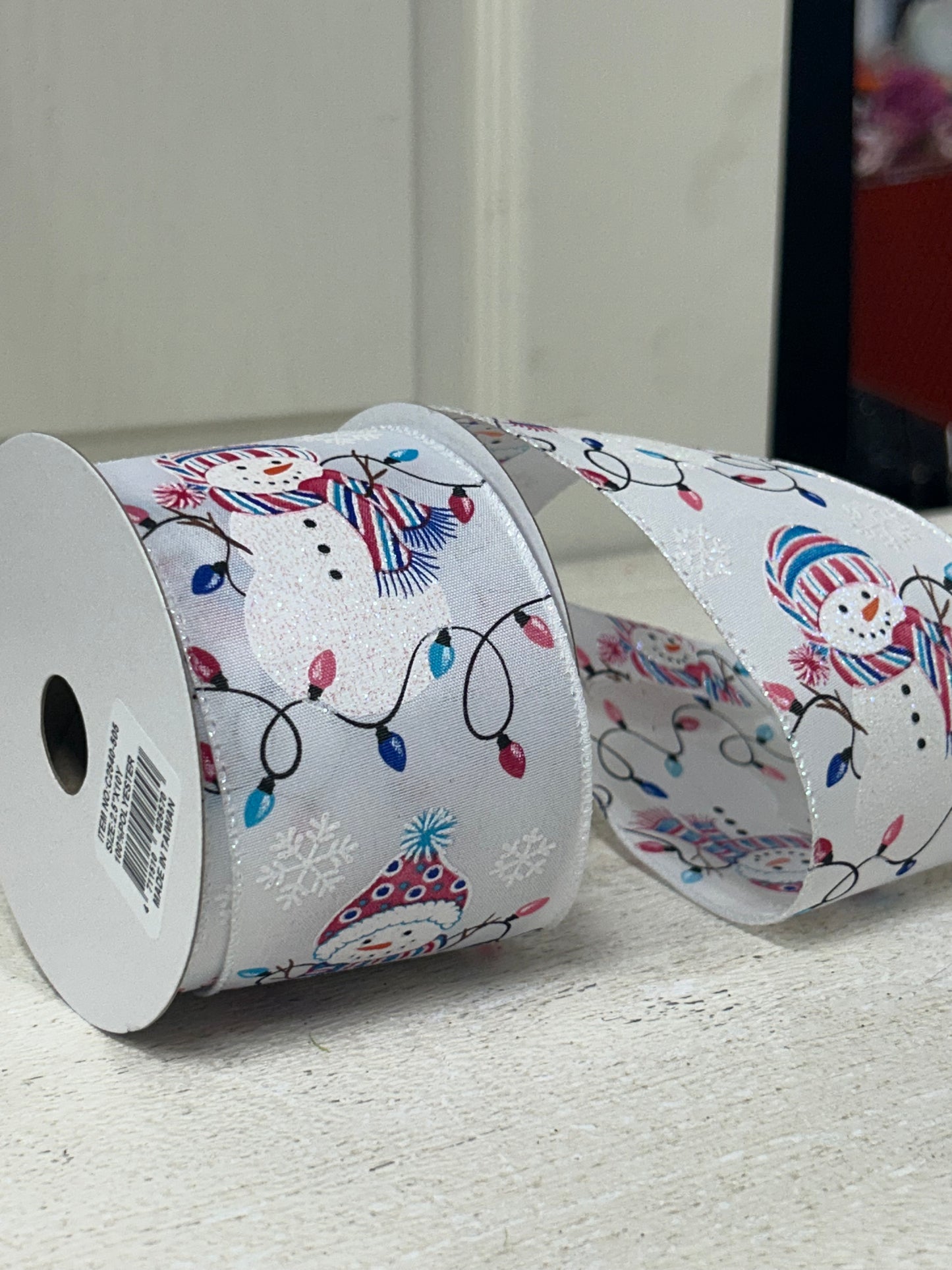 2.5 Inch By 10 Yard White Background With Glitter Snowman And Pastel Pink And Blue Christmas Lights