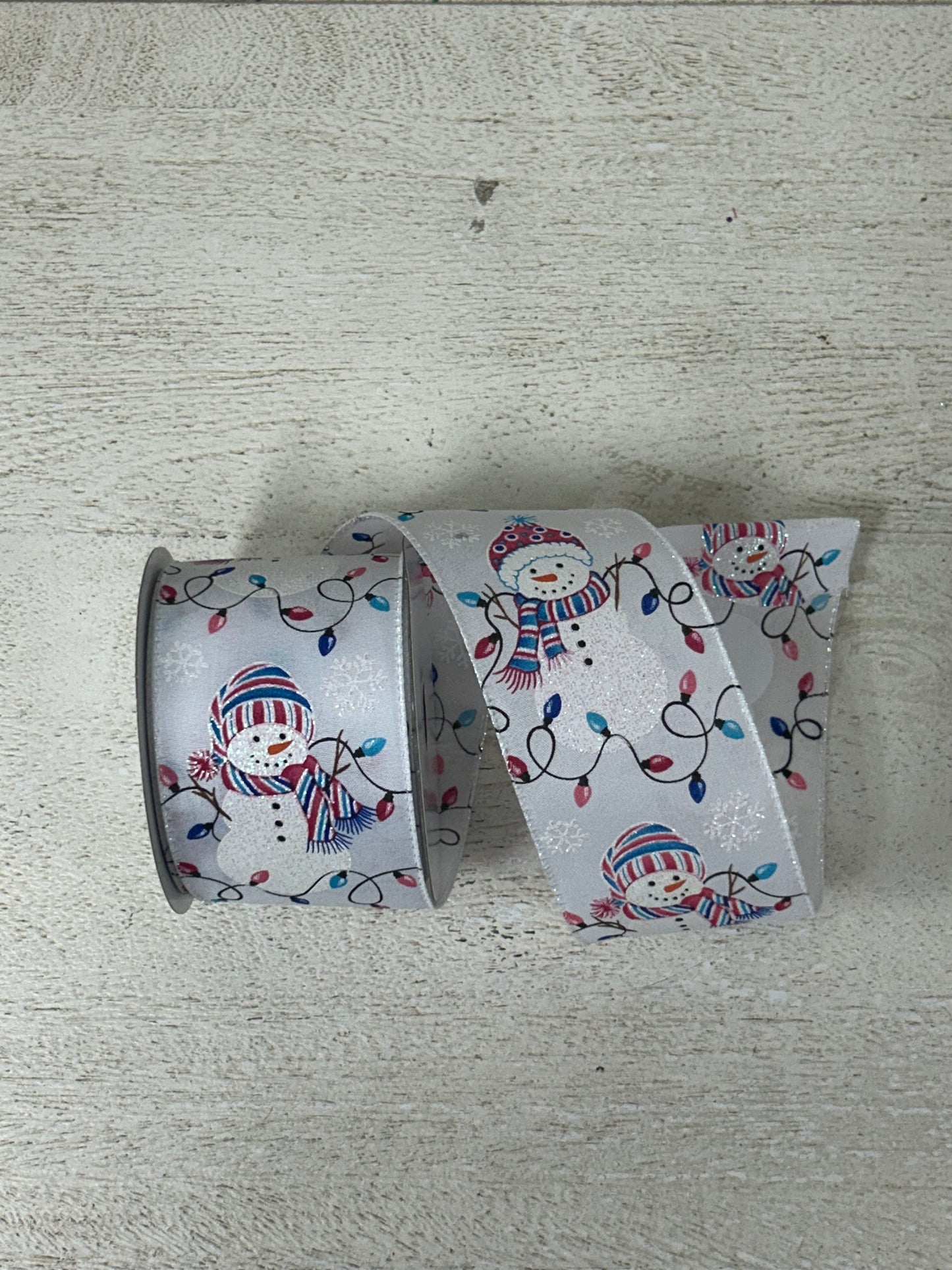 2.5 Inch By 10 Yard White Background With Glitter Snowman And Pastel Pink And Blue Christmas Lights