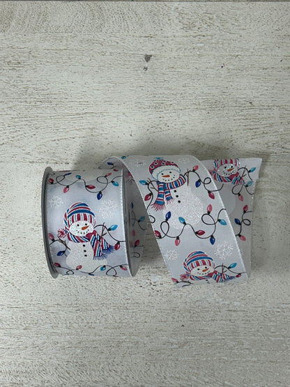 2.5 Inch By 10 Yard White Background With Glitter Snowman And Pastel Pink And Blue Christmas Lights