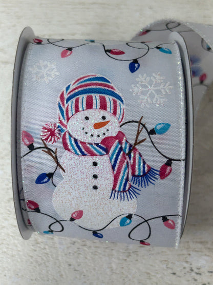 2.5 Inch By 10 Yard White Background With Glitter Snowman And Pastel Pink And Blue Christmas Lights
