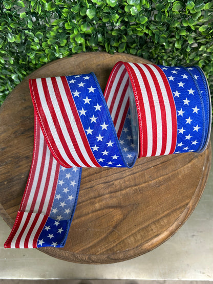2.5 Inch By 10 Yard Red White And Blue Stars And Stripes Ribbon