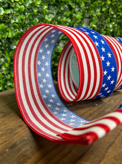 2.5 Inch By 10 Yard Red White And Blue Stars And Stripes Ribbon