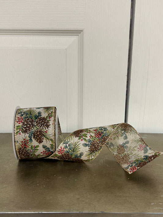 2.5 Inch By 10 Yard Pinecones And Eucalyptus Leaves On Natural Linen Ribbon
