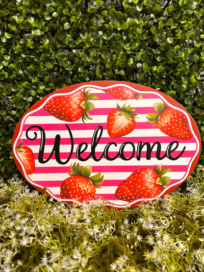 13 Inch Welcome Strawberry And Stripes Oval Sign
