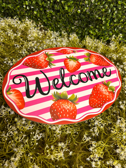 13 Inch Welcome Strawberry And Stripes Oval Sign