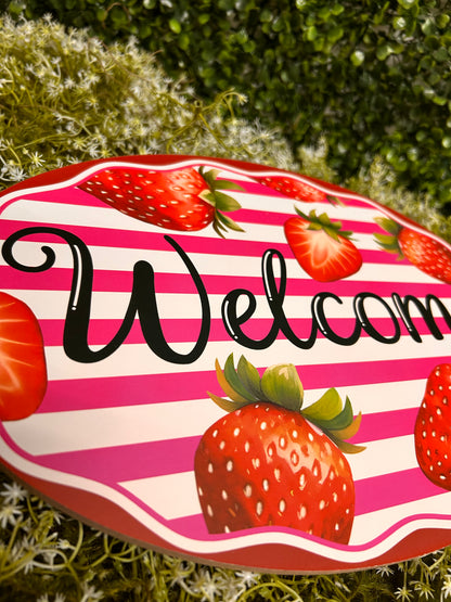 13 Inch Welcome Strawberry And Stripes Oval Sign