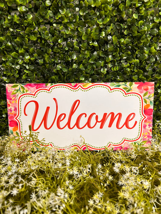 12.5 Inch By 6 Inch White Green And Pink Floral Frame Welcome Wood Sign
